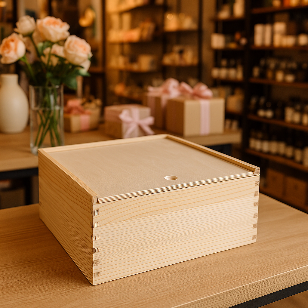Wooden Gift Box Luxury Pine Keepsake with Lid - 10x10x5"