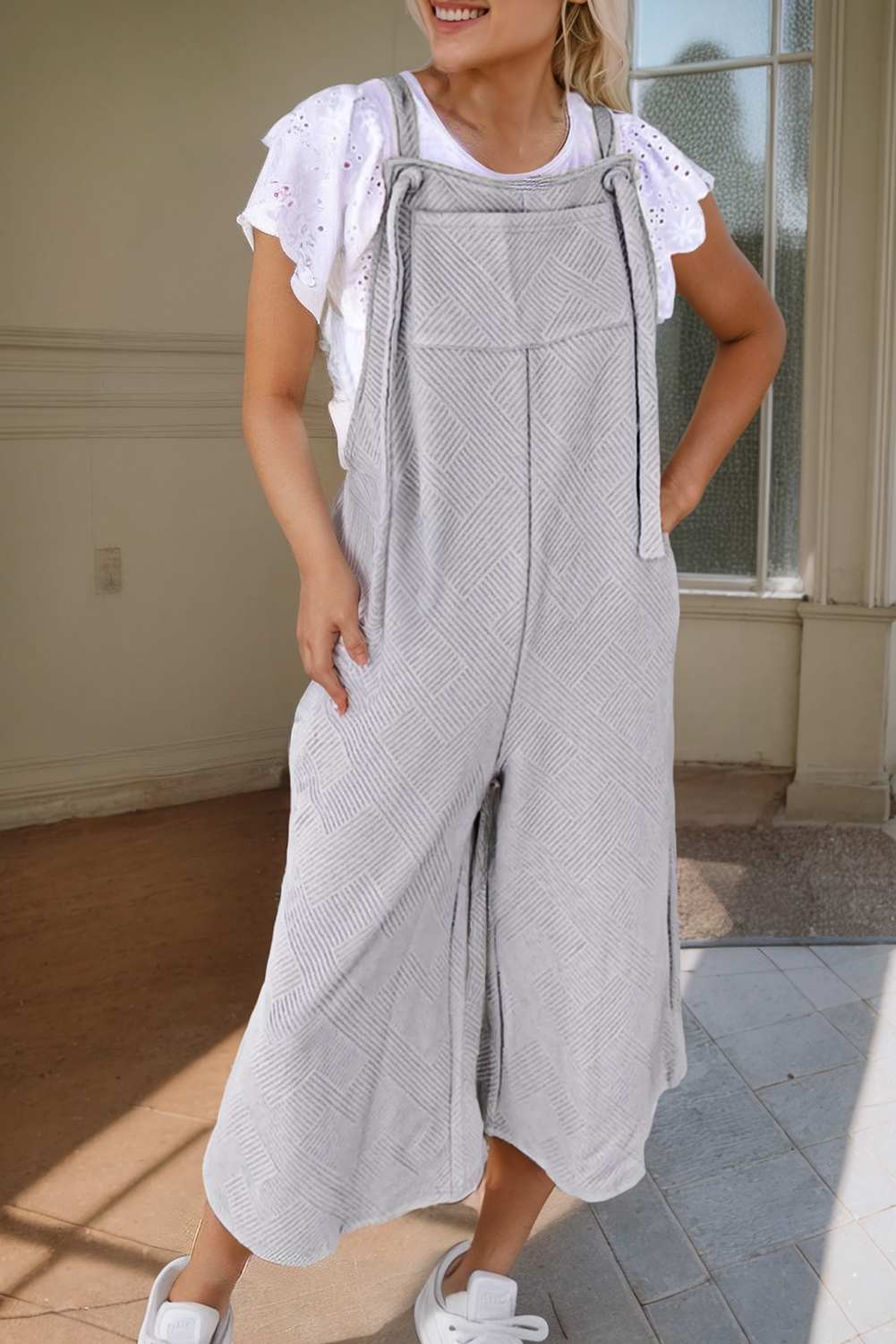Light Grey Textured Self-Tie Strap Wide-Leg Overalls