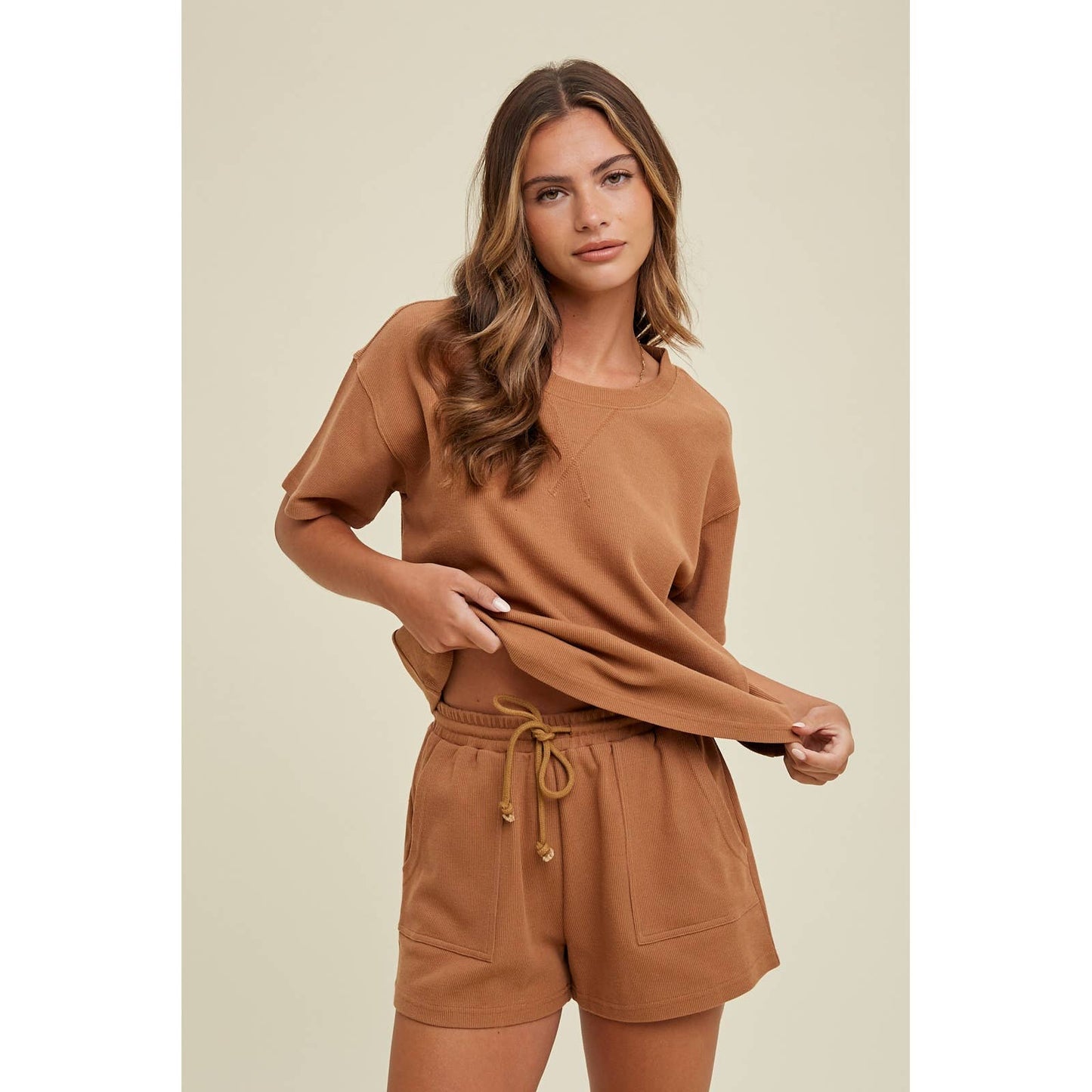 CASUAL KNIT TWO PIECE TOP AND SHORTS SET