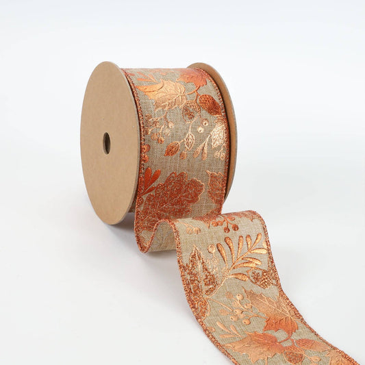 2 1/2" Wired Ribbon | "Metallic Leaf" Natural/Copper | 10 Yard Roll