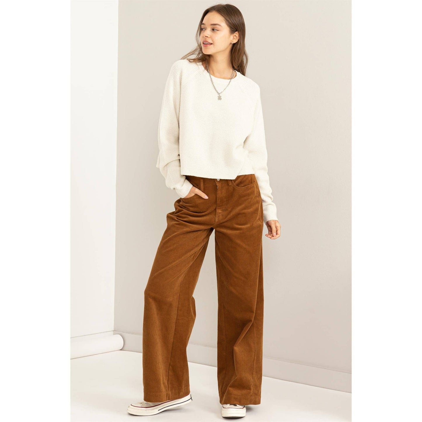 SIMPLY BEAUTIFUL CORDUROY HIGH-RISE WIDE-LEG PANTS: PALE BROWN / L