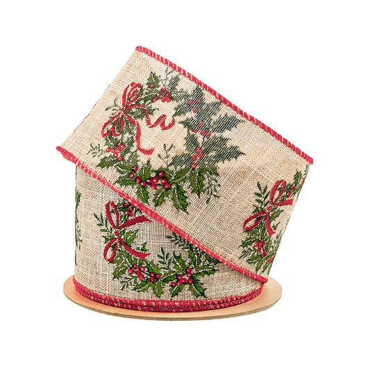 2 1/2" Wired Ribbon | "Holiday Wreath" Natural/Green