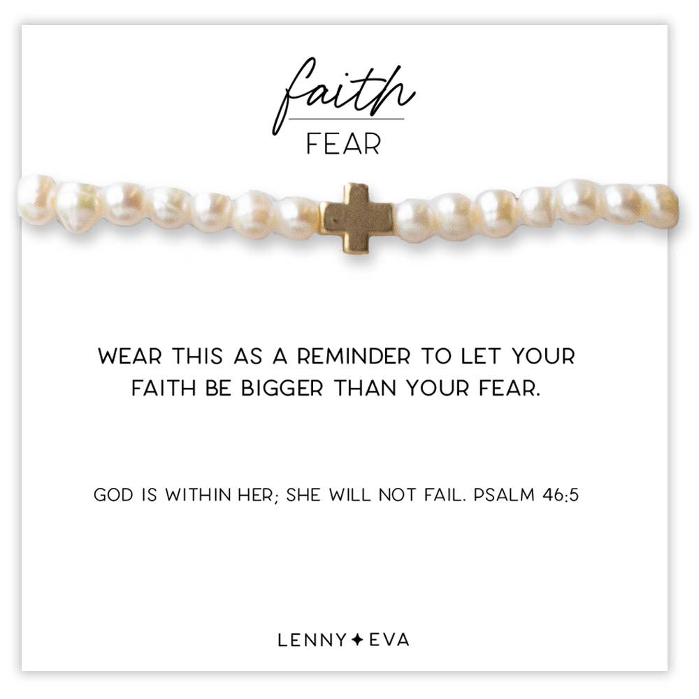 Faith Over Fear Gold Cross Bracelet,6mm-Pearl Beads