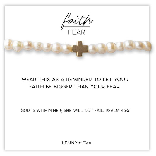 Faith Over Fear Gold Cross Bracelet,6mm-Pearl Beads