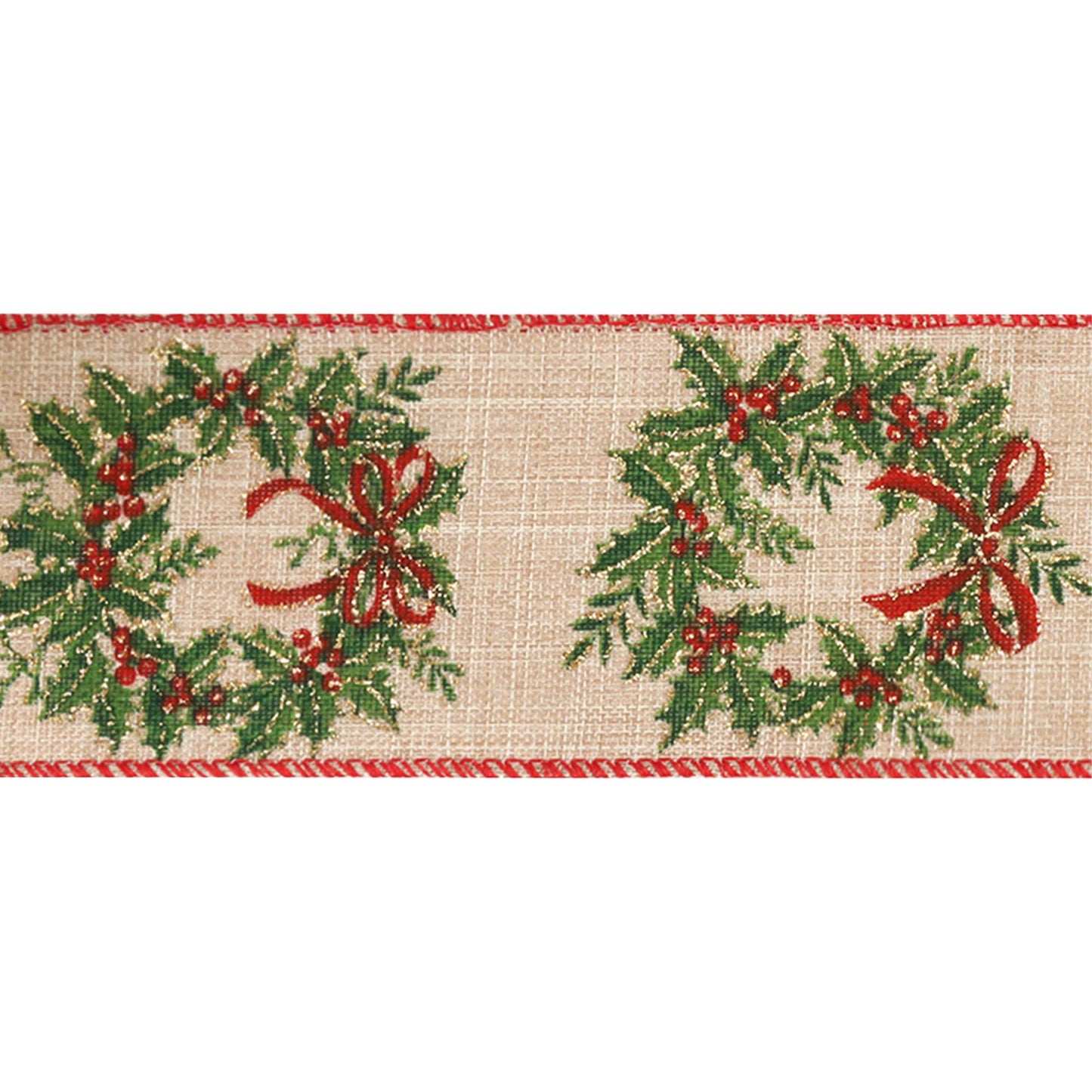 2 1/2" Wired Ribbon | "Holiday Wreath" Natural/Green