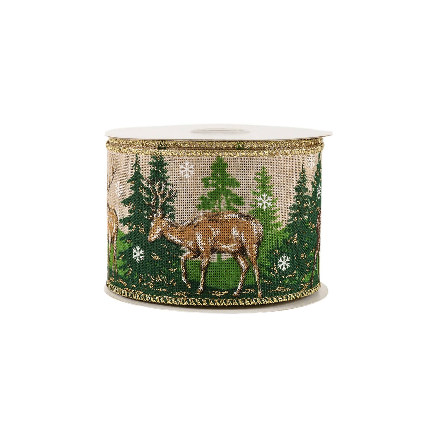 2 1/2" Wired Ribbon | "Reindeer Tree" - Natural/Green | 10 Yard Roll