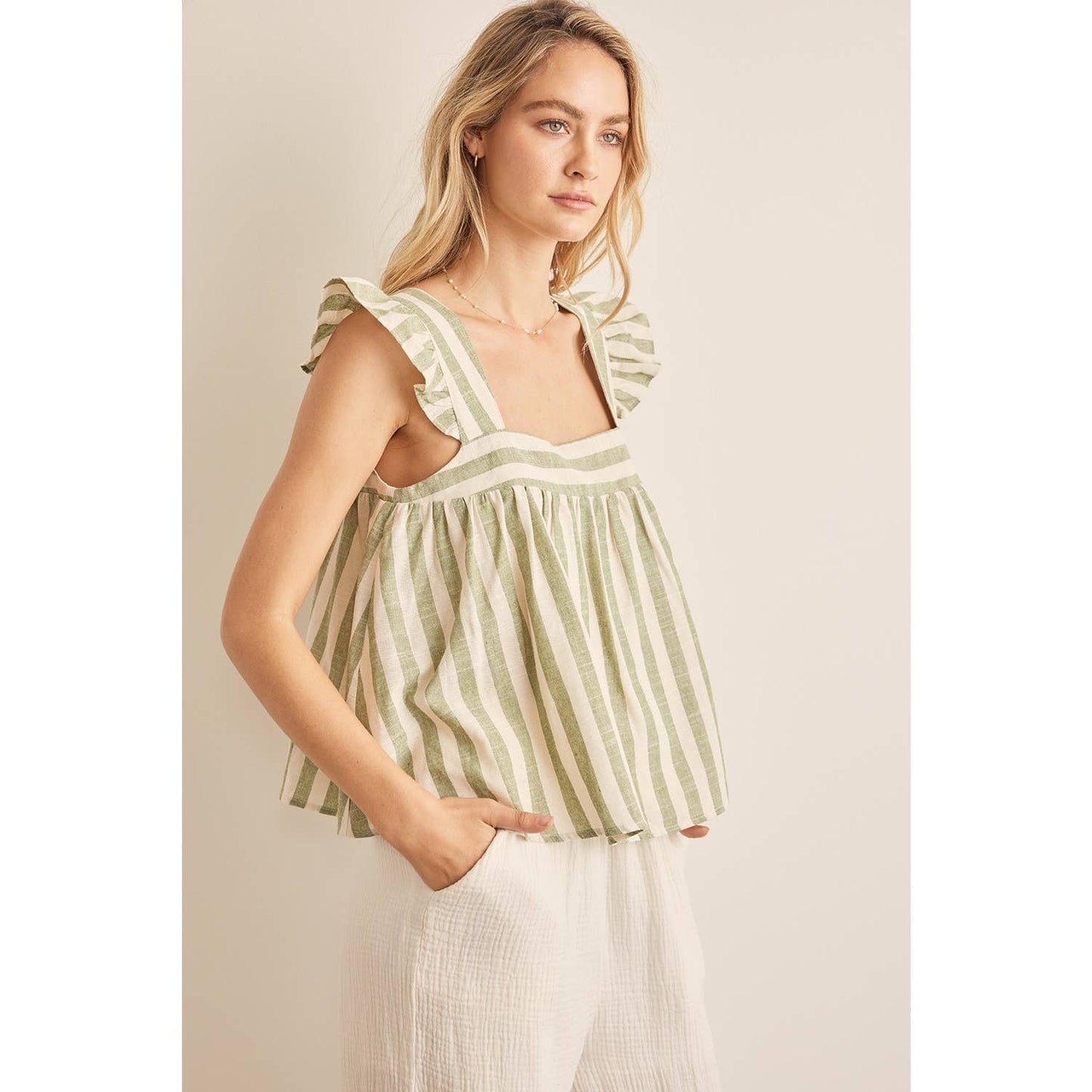 STRIPED LINEN RUFFLED SLEEVE TOP BUTTON CLOSURE