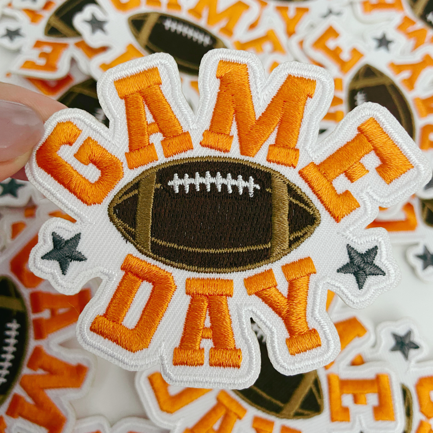 3" GAME DAY football in Orange -  Embroidered Hat Patch