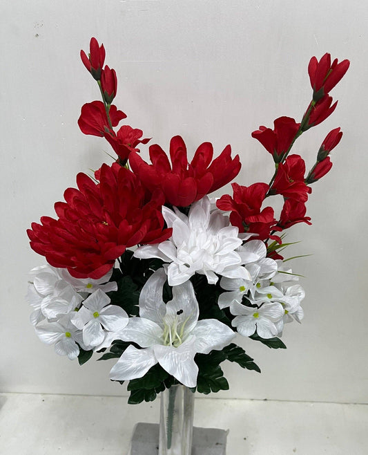 Dahlia, Lily, Mum, Gladiolus & Hydrangea Bush, Red & White