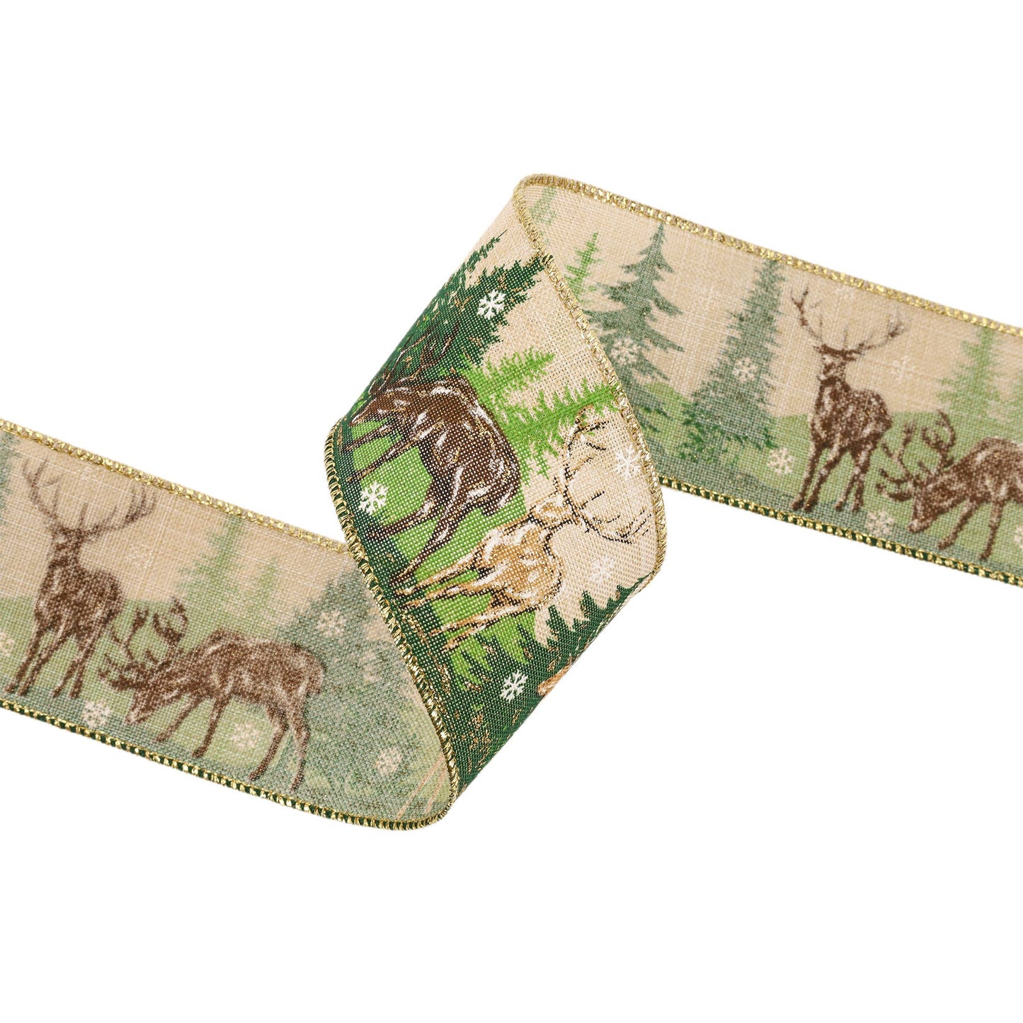 2 1/2" Wired Ribbon | "Reindeer Tree" - Natural/Green | 10 Yard Roll