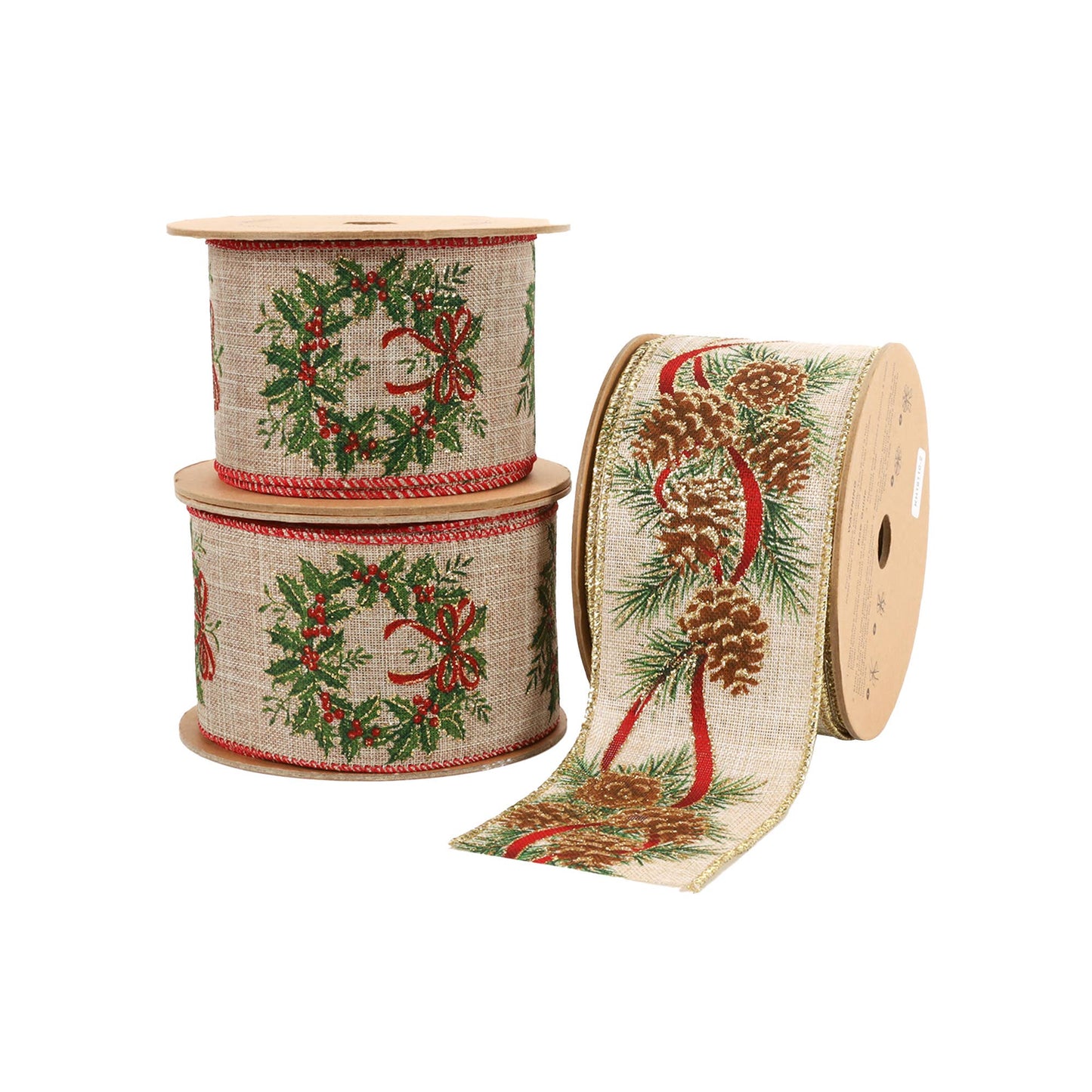 2 1/2" Wired Ribbon | "Holiday Wreath" Natural/Green