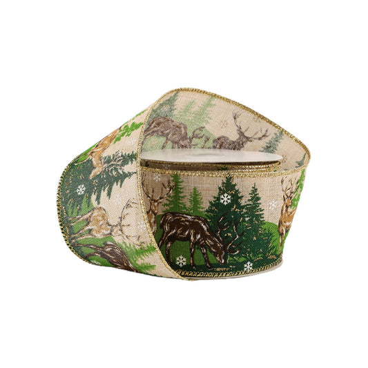 2 1/2" Wired Ribbon | "Reindeer Tree" - Natural/Green | 10 Yard Roll