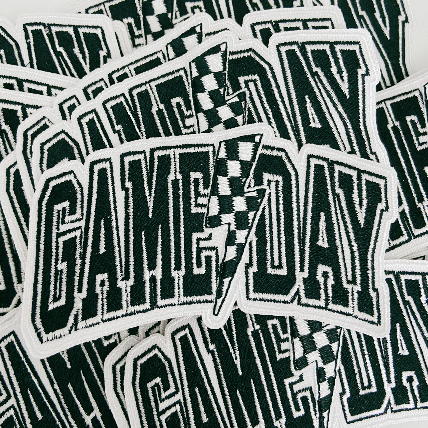 4" GAME DAY w Checkered Lightning -  Embroidered Hat Patch