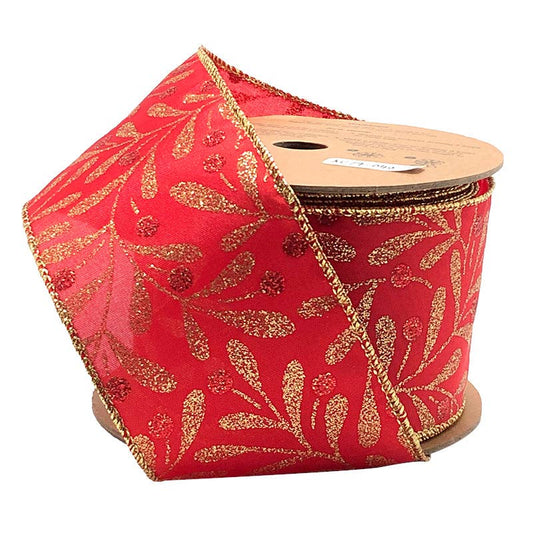 2 1/2" Holiday Wired Ribbon | "Glitter Holly Berry" | 10 Yard Roll