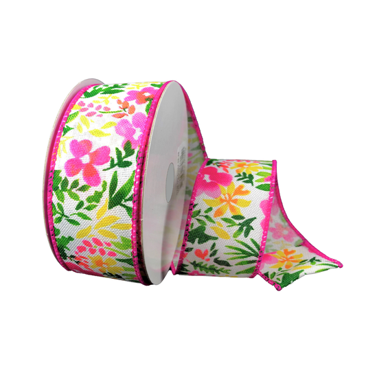 20YD - #9 White Linen Monet Floral Spring Ribbon