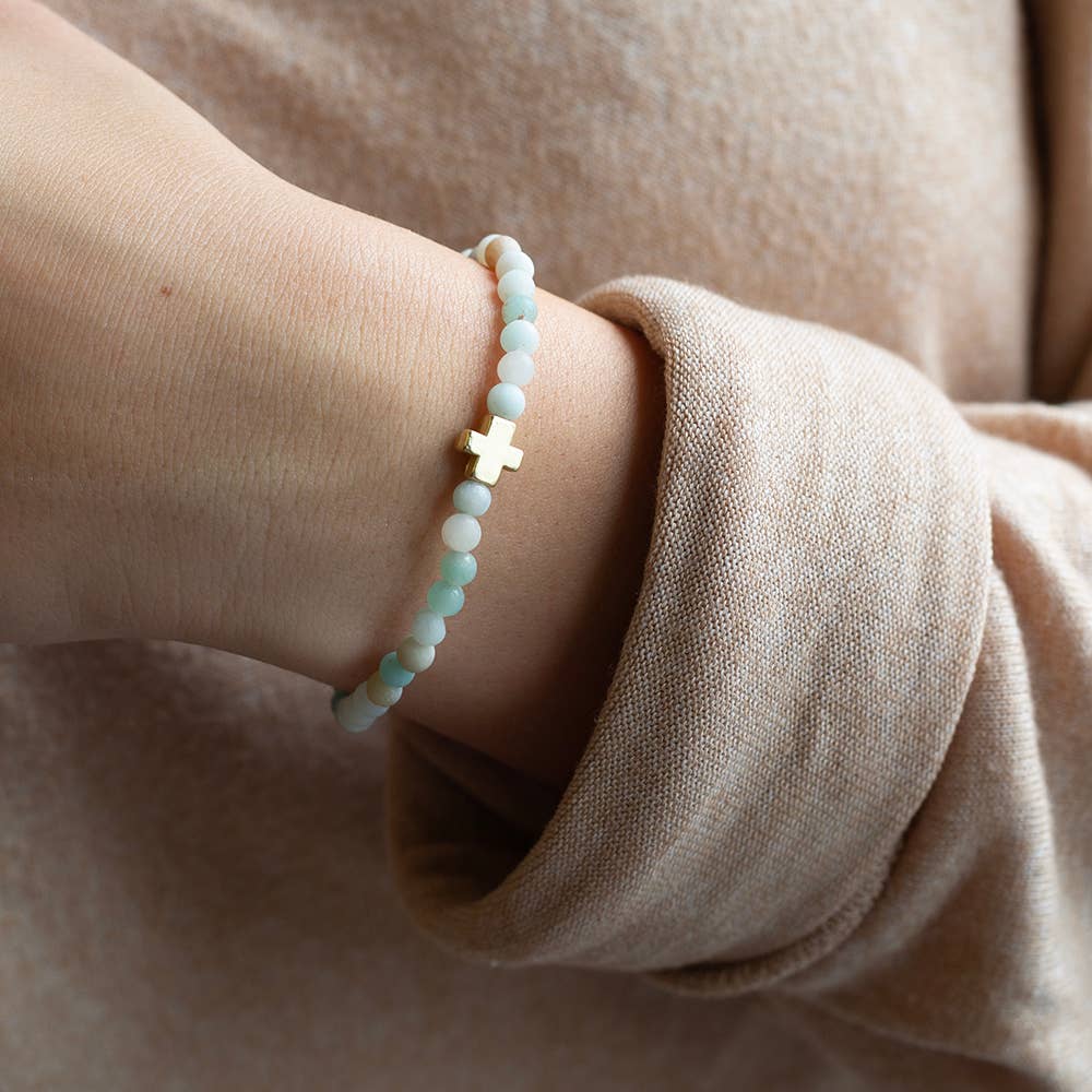 Faith Over Fear Cross Bracelet, 4mm-Amazonite | Christian
