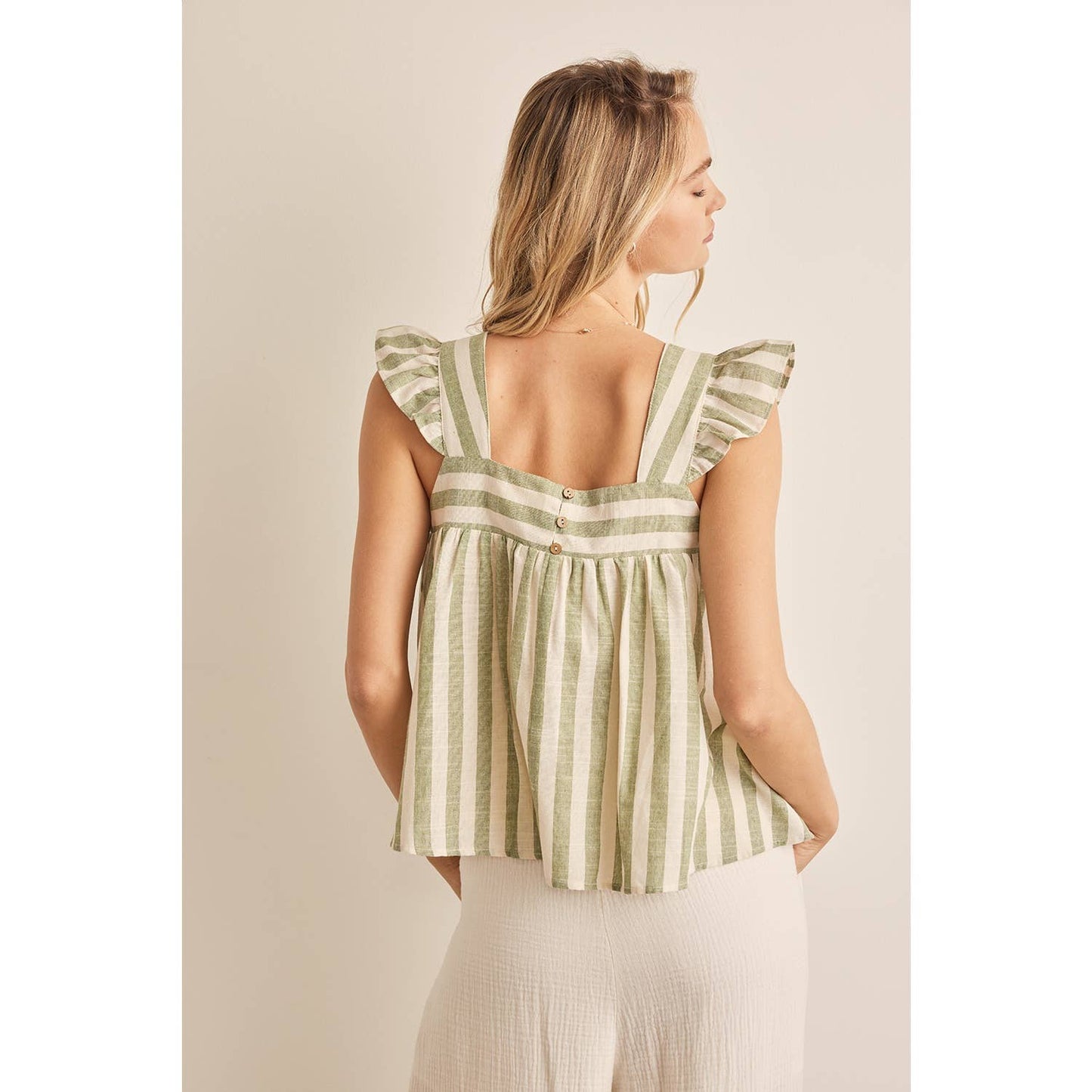 STRIPED LINEN RUFFLED SLEEVE TOP BUTTON CLOSURE