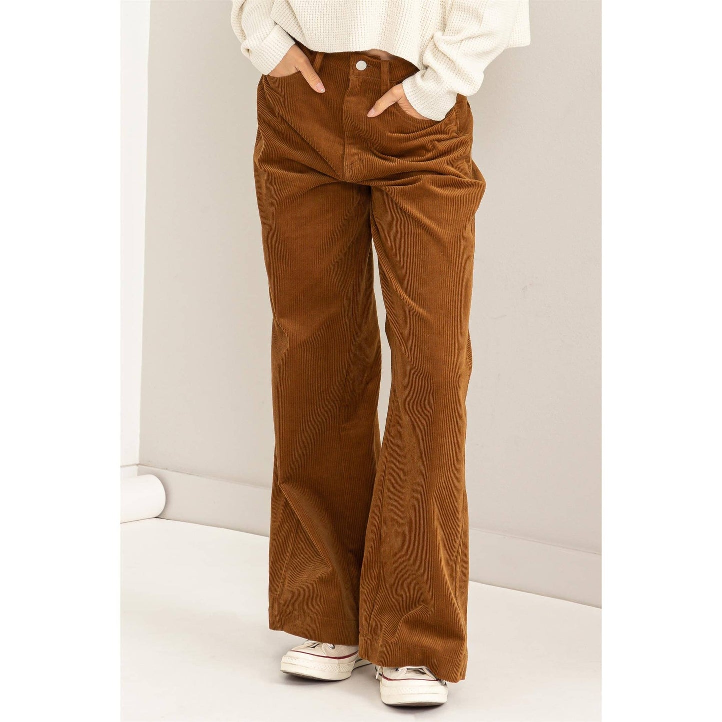 SIMPLY BEAUTIFUL CORDUROY HIGH-RISE WIDE-LEG PANTS: PALE BROWN / L